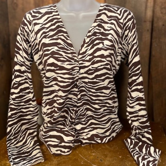 Jones New York Brown/Cream Zebra Print Cardigan - Size Small - Picture 2 of 11